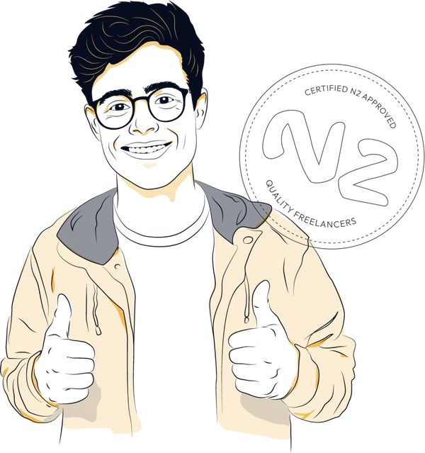 Illustration of a smiling digital expert giving thumbs up, with N2 certification badge in the background, symbolizing trust, quality, and expertise of N2’s freelance community.